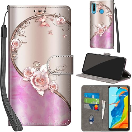 Handyhülle für Huawei P30 Lite Leder Wallet Tasche Schmetterling | 3 Kartenfächer & 1 Geldfach, Magnetverschluss, Ständerfunktion, robuste premium PU leder klapphülle für Huawei P30 Lite
