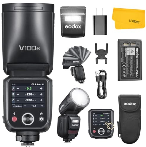 Godox V100 N V100N Flash pour d'Appareil Photo Nikon, 100Ws TTL HSS 1/8000s 2.4G sans Fil Flash d'Appareil Photo à Tête Ronde, Écran Tactile, Modélisation LED 10 Niveaux, Externe Flash pour Nikon