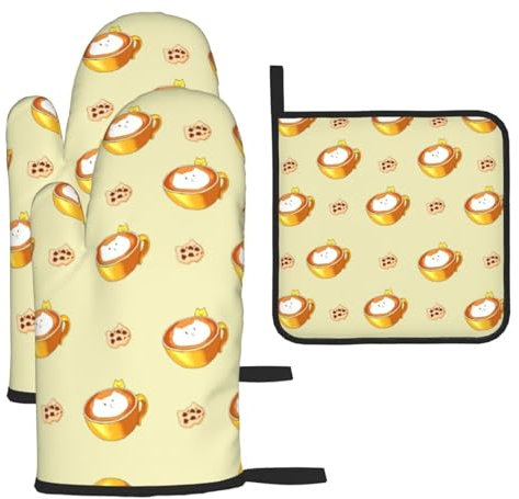 WZYWHJ Set di 3 presine da forno a forma di gatto in stile cartone animato, con immagine di caffè, tessuto spesso, resistente e impermeabile per protezione dal calore