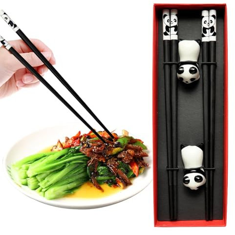 Juego de palillos chinos, juego de palillos reutilizables Panda, soportes de cerámica para un fácil almacenamiento, 2 pares de palillos antideslizantes, resistentes y aptos para lavavajillas, ideal