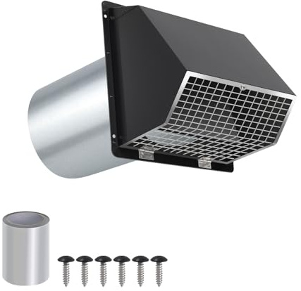 4 Inch Hooded Wall Vent with Screen and Damper,Outdoor Dryer Vent Cover for 4 inch Pipe,Wall Exhaust Vent Cover Cap External Extractor for House Ventilation&Outside Air Exhaust,Galvanized Steel,Black