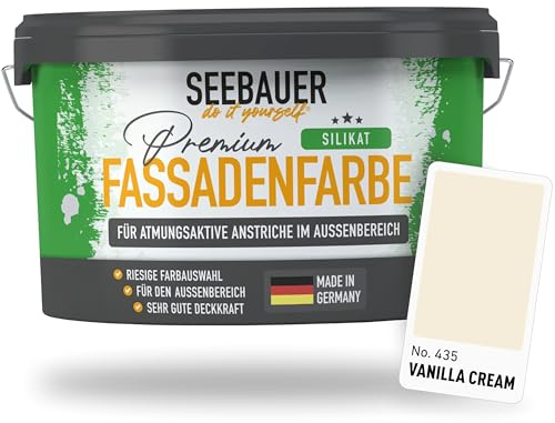 SEEBAUER diy Silikat-Fassadenfarbe Beige 10L für Außen (No. 435 Vanilla Cream) Atmungsaktive Mineralfarbe für Fassaden - Geeignet für Putz, Mauerwerk und Beton