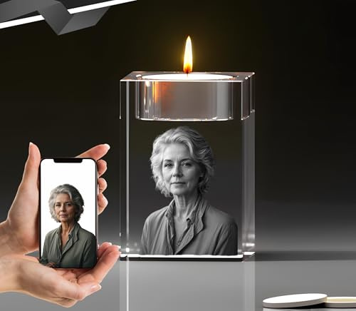 Gedenkkerze aus Kristallglas mit 3D-Foto – Personalisiertes Erinnerungslicht für geliebte Menschen – Hochwertige Lasergravur mit Wunschtext – Stilvolles Andenken in Kristallglas Denkmal