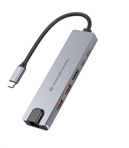 HUB Switch Puertos USB Tipo C 6 en 1, HDMI, RJ45, Ethernet CONCEPTRONIC DONN29G | Gigabit Ethernet 1000Mbps (IEEE 802.3ab 1000BASE-T) con Wake-on-LAN, USB-A 10Gbps, USB-C 10Gbps