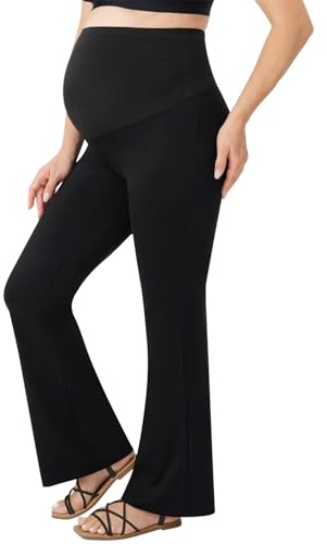 Risipu Pantalon de maternité pour femme taille haute doux et extensible pour grossesse avec jambes larges confortables pour le ventre pantalons de travail et de détente avec poches, Noir , L