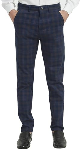 Yukirtiq Pantaloni a Quadri da Uomo Eleganti Pantaloni Chino a Scacchi Casual vestibilità Pantalone da Completo con Tasche, Blu, W36