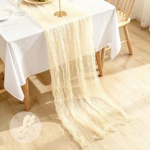 Segus Musselin Tischläufer Beige, 1 Stück 90x300cm Käsetuch Tischläufer, Table Runner Waschbar, Tisch Läufer für Hochzeitsdeko, Tischdeko Geburtstag, Party Deko