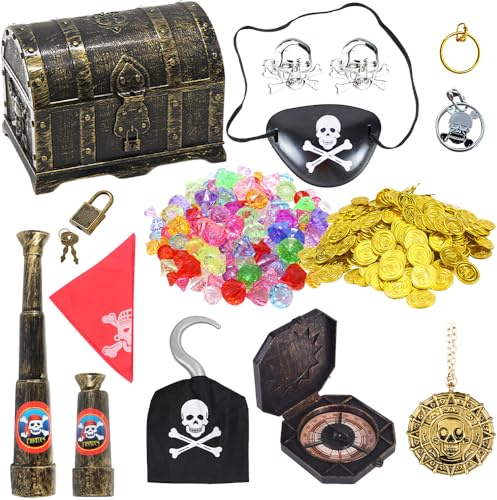 Gobesty Pirate Treasure Chest Toy, Antique Color Children Pirate Gems Toys with 100g gemstones, 20plastic Gold Coins, Eyepatch, Compass, Telescope, Treasure Box for Kids Halloween Themed Party Favors