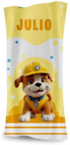 DEREGALOOS Toalla Infantil Personalizada con Nombre. Diseños de Perritos o Gatitos Tipo Patrulla. Toalla Playa Piscina. Elige Tamaño y Personaje. Regalo Divertido para Niños (Perro - Rubble, 70X140)