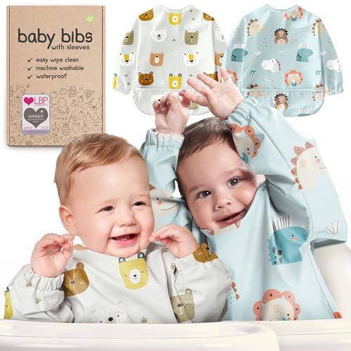 Nombear Waterproof Baby Weaning Bibs with Sleeves, 6-24 Months, 2 Pack
