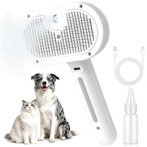 Katzenbürste mit Dampf Unterfellbürste Katze Wiederaufladbar Haarbürste für Katzen mit Sprühnebel, Tierhaarbürste für Langhaar Kurzhaar Katzen und Hunde Selbstreinigende Hundebürste Leise Massage Weiß