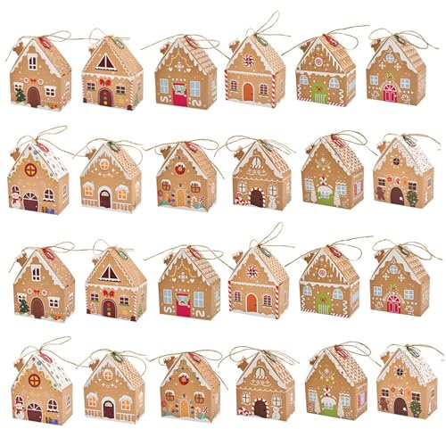 Boîtes de Noël en papier maison en pain d'épice boîtes de calendrier l'Avent vides avec corde suspendue 24 pièces pour fête Noël friandises collation aux biscuits.