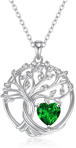 Baum des Lebens Halskette Damen 925 Sterling Silber Lebensbaum Anhänger Kette Herz Geburtsstein Personalisierter Schmuck Geschenk für Mädchen Mutter Tochter Schwester Freundin Geburtstag Weihnachten