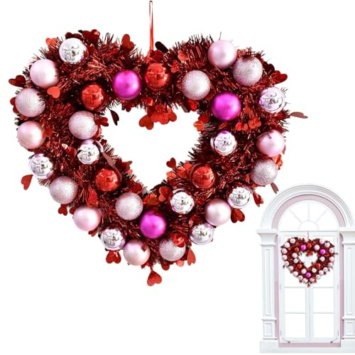 Corona de puerta para el día de San Valentín, adorno brillante con forma de corazón de 12.2 x 14.2 pulgadas, para decoración festiva de boda, celebración, reunión, entrada, dormitorio, puerta