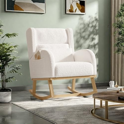 FEEOHOME Gungstol, gungstol, amningsstol, babyrum med träben, gungstol, amning, för sovrum och vardagsrum (vit nalle sammet(A))