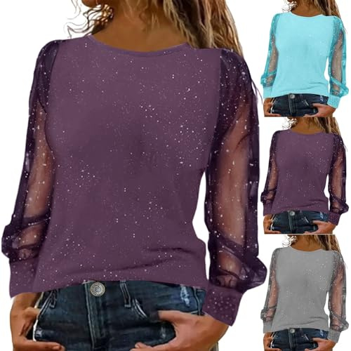 Generisk damtopp, elegant, sexig, långärmad, glittertoppar, festliga blusar, transparent blus, långärmad skjorta, stora storlekar, nättopp, paljetter, glitterblus, nyårsafton, outfit, damblusar, Z1
