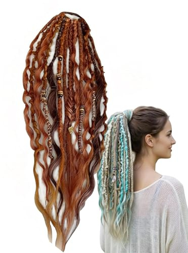 Elastischer Dread-Pferdeschwanz Salty Soul, sofortige Boho-Dreadlock-Haarverlängerung mit Perlen, einfache elastische Pferdeschwanz-Befestigung in einer Minute, umwickelbare Pferdeschwänze (A7)