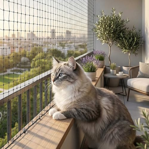 QWORK® Katzennetz drahtverstärkt, inklusive Befestigungsset, 2x4m, schwarz für Balkon, Außentüren und Fenster