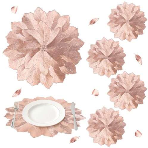 comfoyar Set di 6 Tovagliette Americane Oro Rosa Rotondo Fiore, Tovagliette Americane in Vinile Floreali 3D Antiscivolo Lavabili e Impermeabili per Cucina Decorazione, Tavola di Feste e Pranzi 38cm