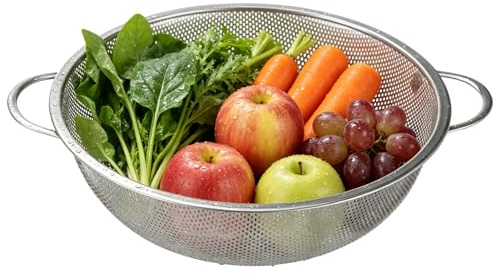 Stainless Steel Colander, 10.0 in Metal Strainer Basket with 2 mm Micro Perforated Holes, Easy-to-Grip Handles and Elevated Non-Slip Base, Strainer Organizer for Washing Rice, Fruits, Vegetables