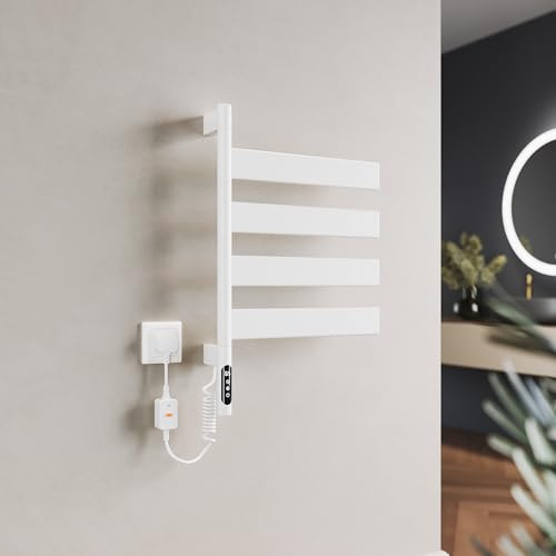 ELEGANT 120W Rotatable Electric Heated Towel Rail with Smart WiFi & APP-Controlled, Wall-Mounted Carbon Fiber Drying Radiator with Timer & Display and Touch Screen for Bathroom, White 700 x 450mm