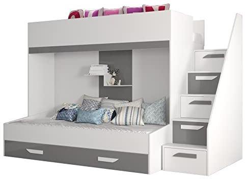 MEBLE KRYSPOL Party 16 Hochbett für Kinder, Jugendliche mit Stauraum - Etagenbett mit Schreibtisch, Kleiderschrank, Bücherregal und Trittleitern - 247x135x165 cm - Weiß, Grau, Weiß + Grau