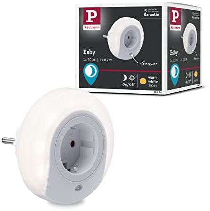 Paulmann 92494 LED-kontakt nattlampa Esby rund 0,2 watt med skymningssensor vit plast 3000 K varmvit