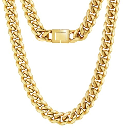 KRKC&CO 12mm Panzerkette 18K Gold Plattiert Cuban Link Chain Edelstahl Herren Miami Kubanische Gliederkette Hip Hop Halskette für Männer Jungen Größe 56cm