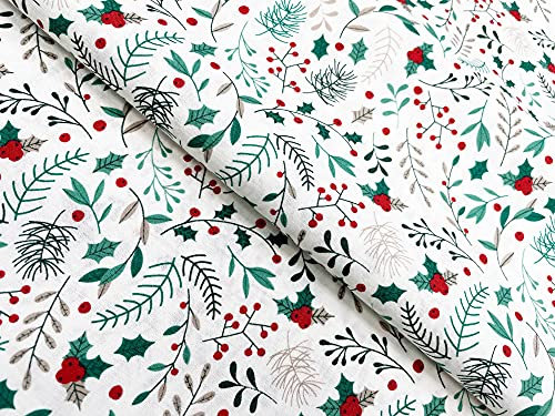 Christmas Fabric - Holly & Red Berries on Ivory - Xmas Craft Fabric Material Metre