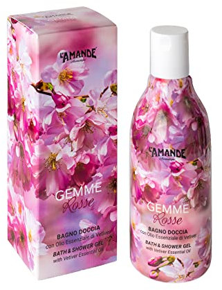 L'AMANDE – Duschgel für Damen mit Noten von Lavendel und Bergamotte, zartes und natürliches reinigendes und feuchtigkeitsspendendes Körperduschgel, entspannender und Anti – Rote Edelsteine, 250 ml