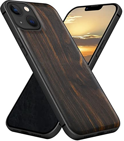 Carveit Coque pour iPhone 13 Étui Bois, (Sombre-Façon Bois Brut) | Magnétique Case [Antichoc Pare-Chocs en TPU Souple] Étui en Bois de Téléphone Compatible Magsafe iPhone 13 Coque