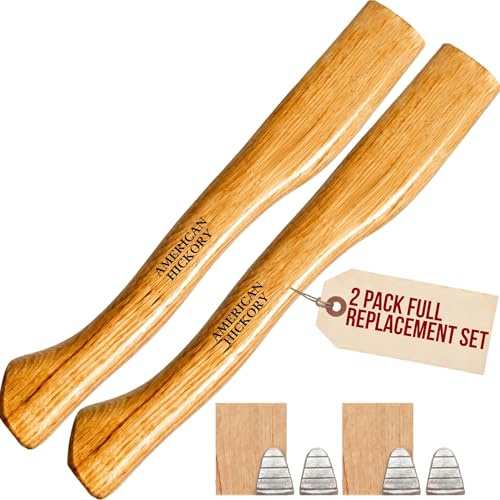 2 Pack American Hickory Axe Handle Replacement for 14 Axes that use 1-1/4 Pound Heads Complete Set with Wooden and Steel Wedges - Hatchet Handle Replacement - Hickory Hatchet Handle Replacement Axe