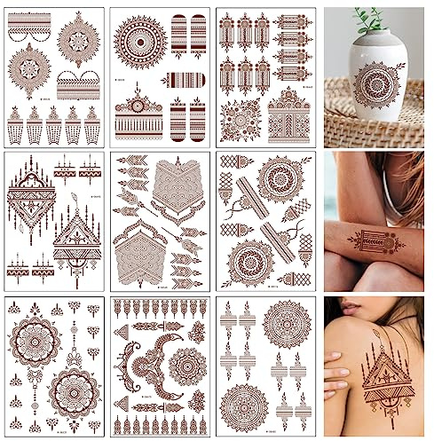 Brown Red Temporary Tattoos for Woman Girls, Mandala Flower Tattoo Stickers, Indian Lace Tattoo, Hand Arm Body Art, Waterproof Fake Temporary Tattoos Stickers, Eid Al-Fitr Wedding