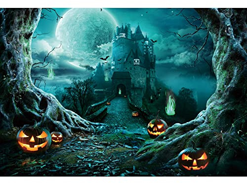 Ttincceer 220x150cm Halloween Party Fotografie Hintergrund - Schloss, Vollmond, Riesiger Toter Baum, Terror, Kürbis - für Kinder Erwachsene Party Banner