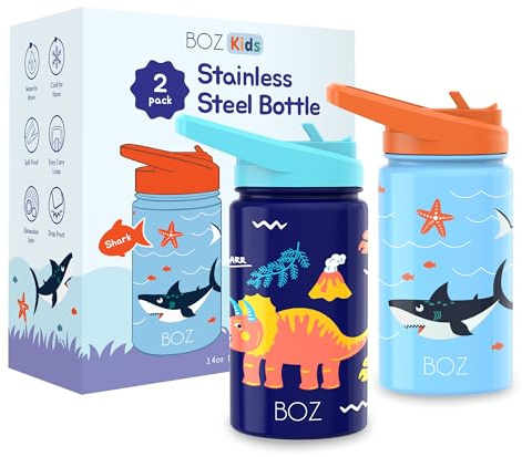 BOZ Kinder-Trinkflasche 2er-Pack, 400 ml (Hai/Dinosaurier) | Auslaufsicher, Kohlensäuregeeignet, für die Schule