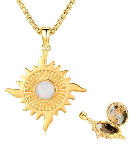 REDSUN Sonne Medaillon Halskette 925 Sterling Silber Gold Foto Medaillon zum öffnen Anhänger Halskette Opal Kette Gold Kette für Frauen Mädchen Geschenke