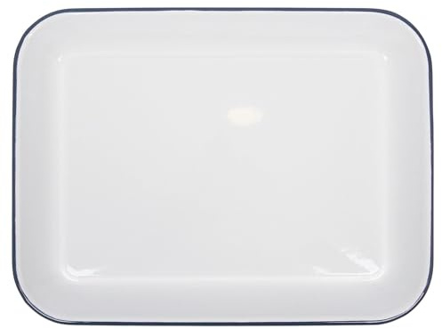 Argon Tableware Enamel Baking Tray - 34 x 26cm - Blue Rim - Lightweight Metal Rectangular Enamel Oven Tray Kitchen Bakeware Flat Cooking Pan for Roasting, Baking
