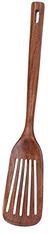 Espátula de Madera de Teca de 13,3 Pulgadas, Cuchara Raspadora de Pala de Madera, Espátula Plana Antiadherente para Freír con Mango Largo para Voltear, Servir, Raspar y Girar(Cuchara ranurada)