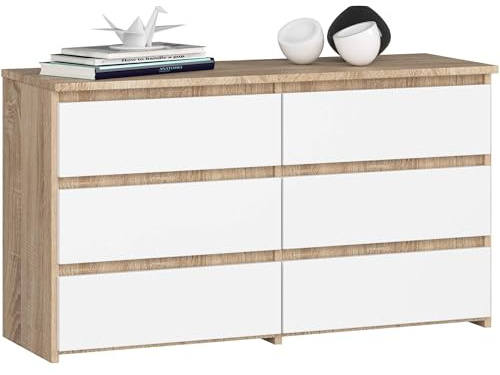 AKORD | Kommode CL-100 mit 6 Schubladen | Komodenschrank | Funktional | Für Wohnzimmer | Für Schlafzimmer | Langlebig | Rollenführung | ABS-Kante 35x100x57cm | Sonoma Eiche + Weiß Front