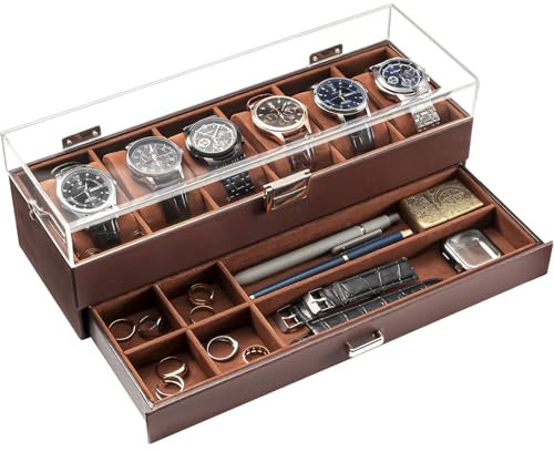 ProCase Uhrenbox mit 6 Fächern，Uhrenkasten mit Schublade, Men’s Watch Box, Uhrenaufbewahrung Uhrenkoffer Uhrenschatulle für Herren, Uhr Aufbewahrungsbox - 6 Fächer, Braun