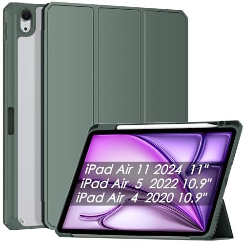 Mansiruyi Custodia per iPad Air 11 M2 2024 con portapenne, custodia per iPad Air 5a generazione 2022/iPad Air 4a generazione 2020, custodia rigida con supporto, funzione sleep/wake automatica, verde