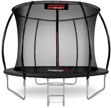 Neo-Sport Trampolin Outdoor Kinder Gartentrampolin Sicherheitsnetz Innen Leiter Gepolsterte Stangen Wetterfest Rostfrei Belastbar bis 100 kg Rot Schwarz 252 cm
