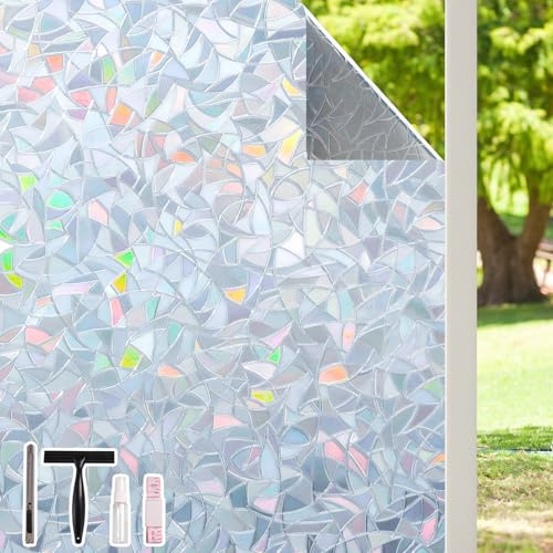 Kromapolis Window Film Rainbow Privacy Film Stained Glass 3D Decorative Iridescent Window Cover Static Cling UV Blocking Suncatcher Decals Sticker for Home Decor, Non-Adhesive 35.4 x 78.7 inches