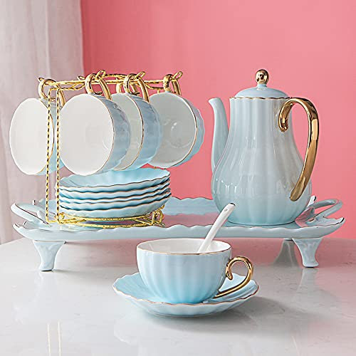 DDKYHU Juegos de té de Porcelana Juego de Taza y platillo de café Juego de Tazas de café Juegos de té de la Tarde con Soporte de Metal para el hogar (Rosa) (Azul b) (Azul b)