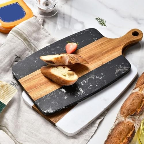 Holzplatte, Käse-Schneidebrett, Marmor und Holz, Käsebrett, 2-in-1, Charcuterie-Schneidebrett, für Gemüse und Obst, mit Griff (B)