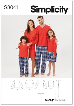 Simplicity SS3041A Schnittmuster-Paket für Kinder, Jugendliche und Erwachsene, Lounge-Shorts, Hosen und Strick-Tops und Tunika, Designcode S3041, Größen XS – L/XS – XL, mehrfarbig