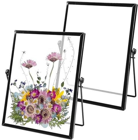 Leikurvo 2 Stücke Bilderrahmen Glasrahmen für Gepresste Blumen, 15 X 20 cm Schwarz Doppelseitiger Metall Desktop Fotorahmen Getrockneter Blumen Artwork Bild Display Halter