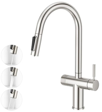 Faustina 3 Wege Küchenarmatur mit Brause ausziehbar, Doppelhebel Armatur Wasserhahn Spültischarmatur Trinkwasserhahn Küche für Osmoseanlage Umkehrosmose und Wasserfilter, gebürstet