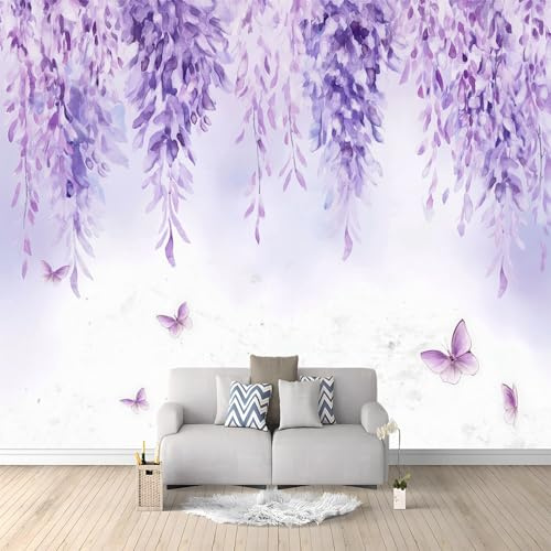 Elegant Wisteria Print Non-Woven Fleece Wall Mural Light Purple Photo Wallpaper for Living Room, Bedroom and Kids Room - Modern Poster 350 x 256 cm