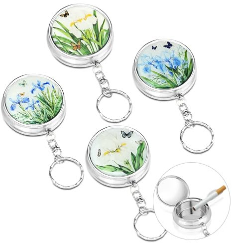 4PCS Pocket Ashtray, Stainless Steel Mini Ashtray with Key-chain, Push-Button Open, 4 Unique Pattern Designs, Compact Portable Metal Ash Tray for Outdoor Travel (2x4.5cm)